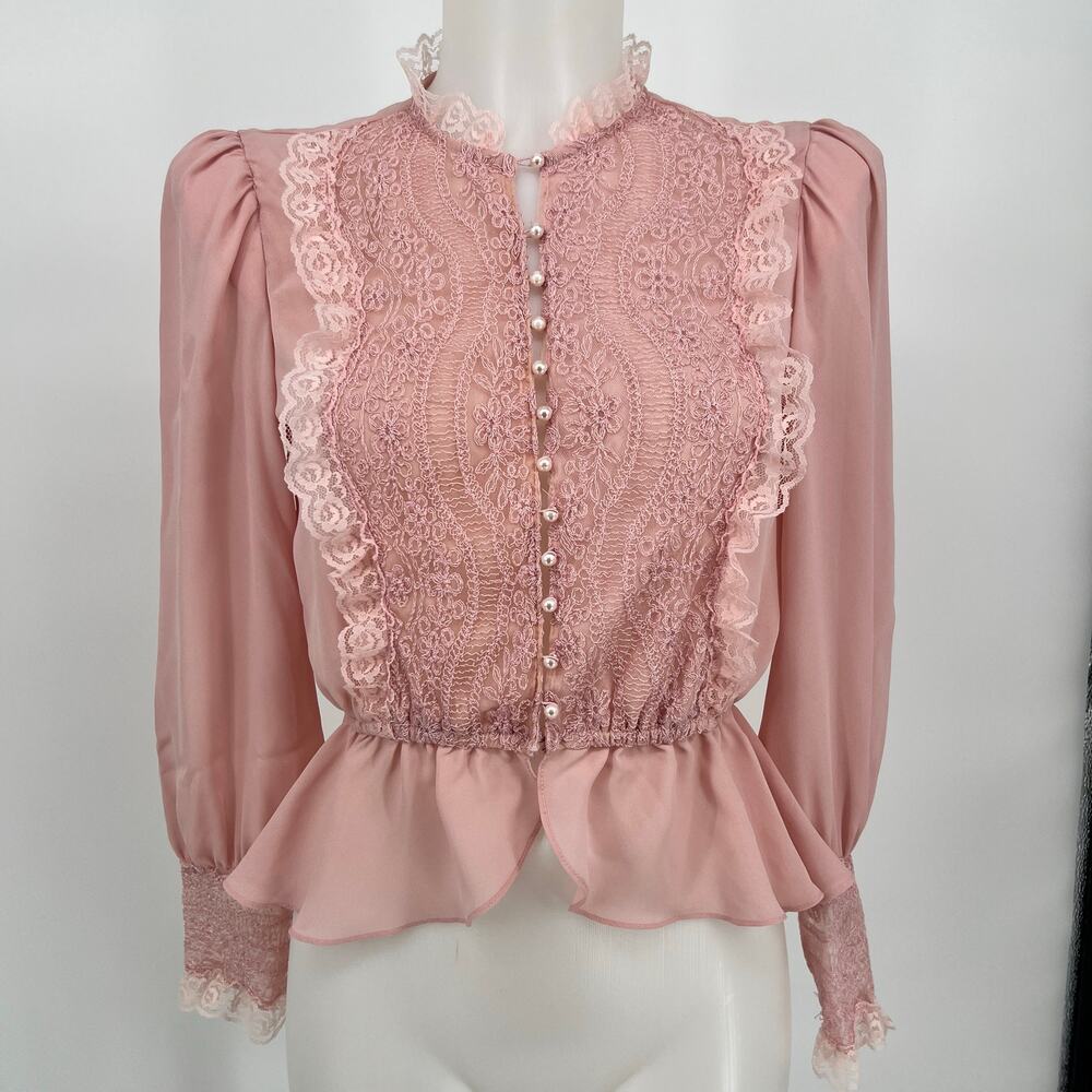 Vtg Prairie Puff Sleeve Blouse Womens Small Dusty Rose Pink Victorian Lace 70s